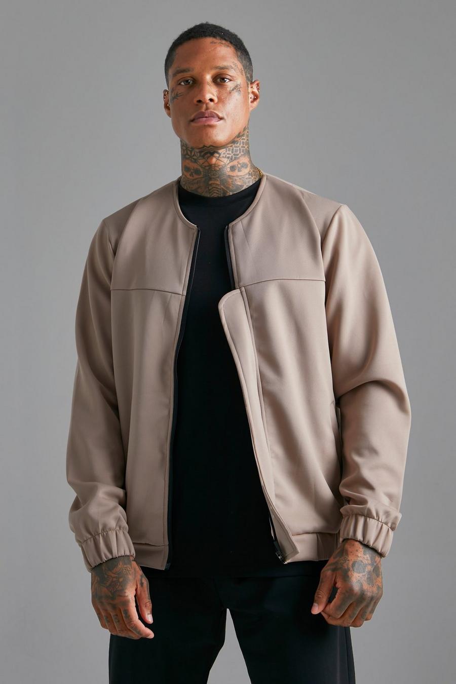 Taupe Scuba Collarless Bomber Jacket image number 1
