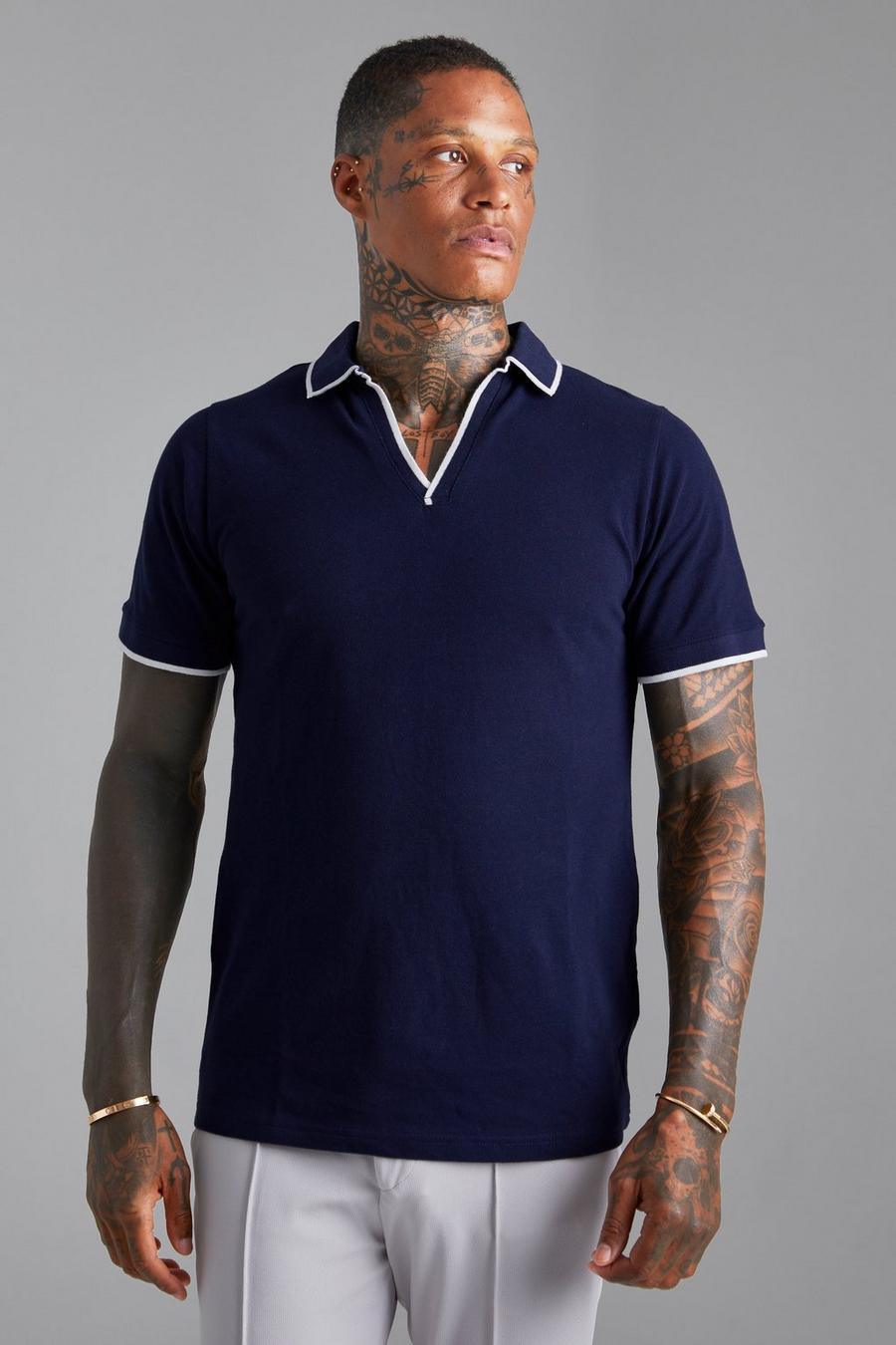 Navy Pique V-Neck Polo With Tipping image number 1