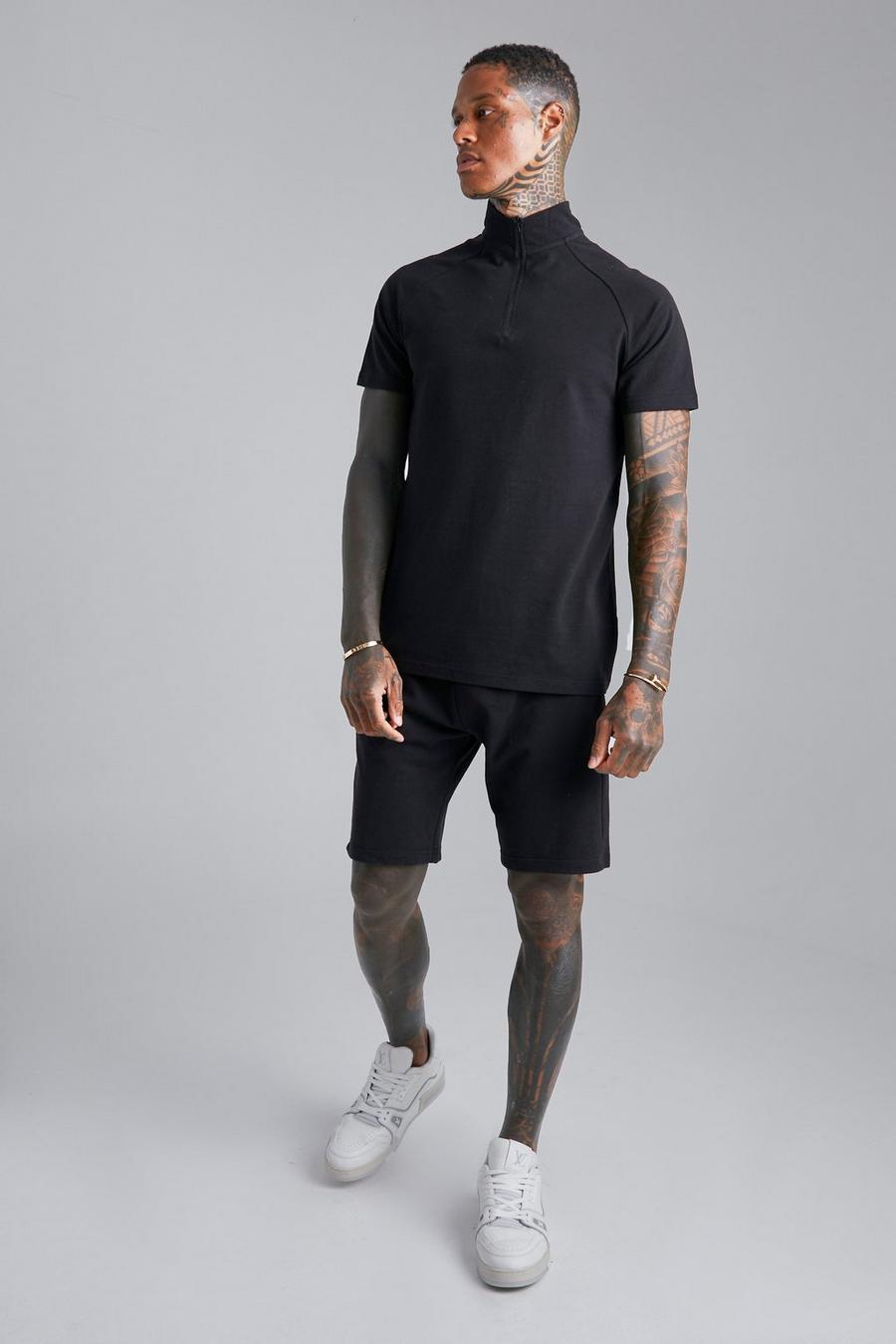 Pique Poloshirt mit Trichterkragen und Shorts, Black noir