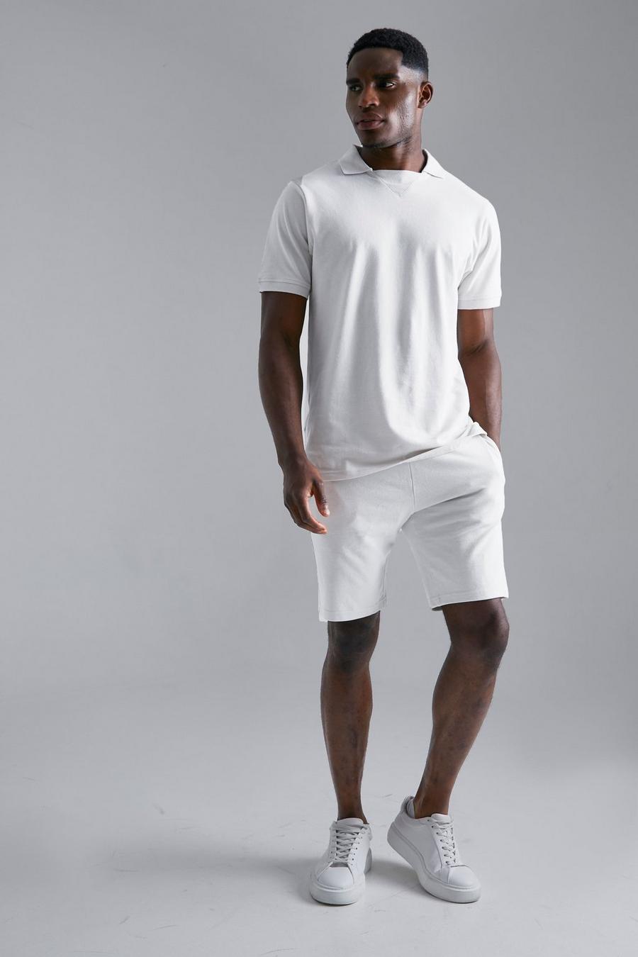 Geripptes Pique Poloshirt und Shorts, Light grey image number 1