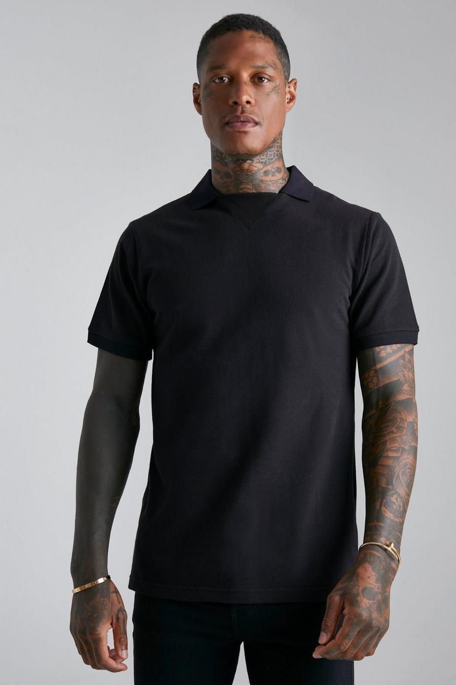 Black Slim Pique Polo With Rib Detail image number 1