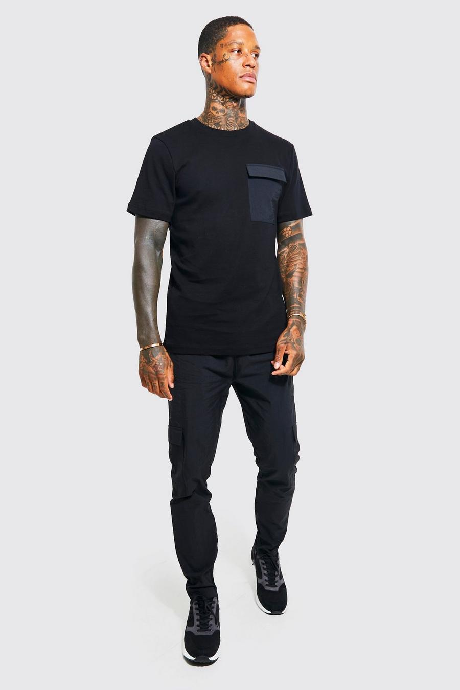 Black Pocket Detail T-shirt And Shell Jogger Set