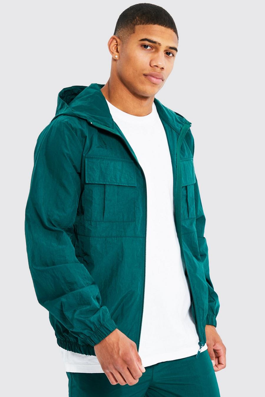 Forest grön Crinkle Nylon 2 Pocket Hooded Jacket