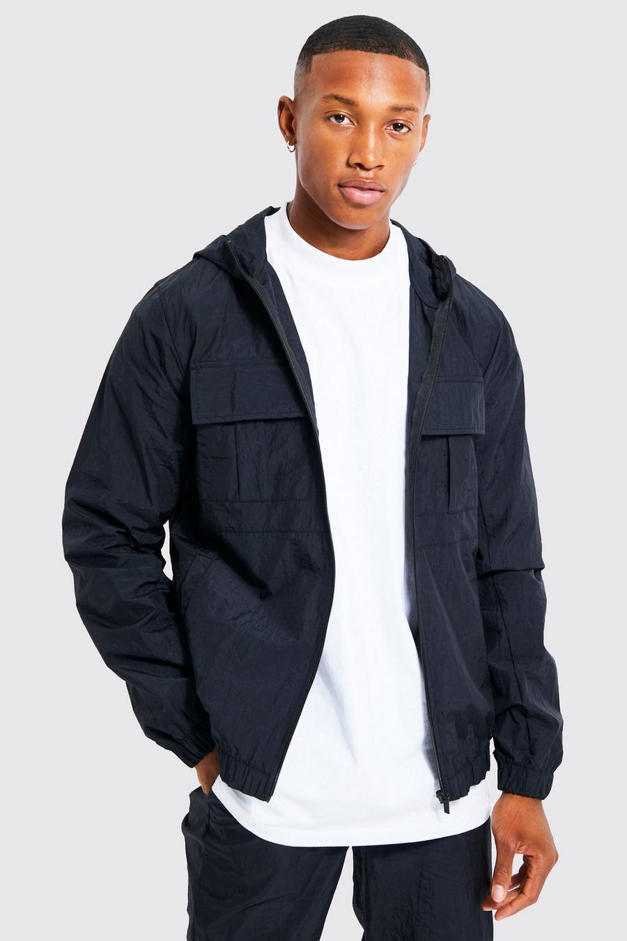 Black Crinkle Nylon 2 Pocket Hooded Jacket image number 1