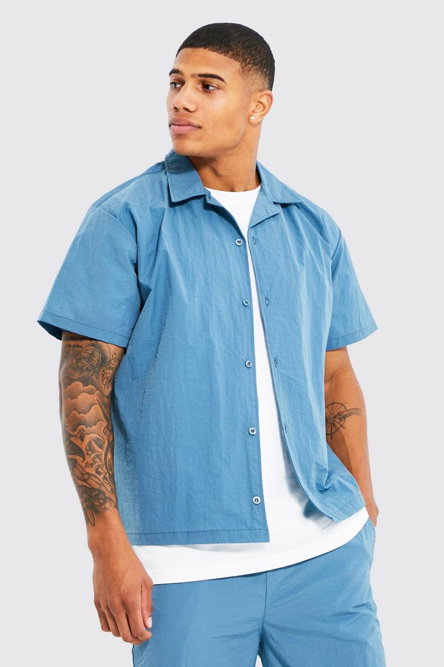 Slate blue blau Crinkle Nylon Boxy Shirt  image number 1