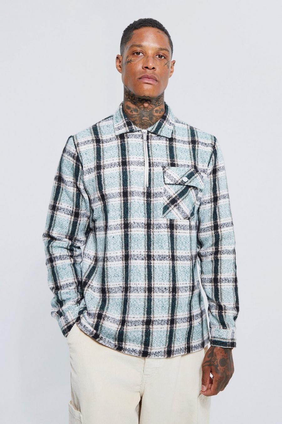 Forest green Half Zip Brushed Check Overshirt