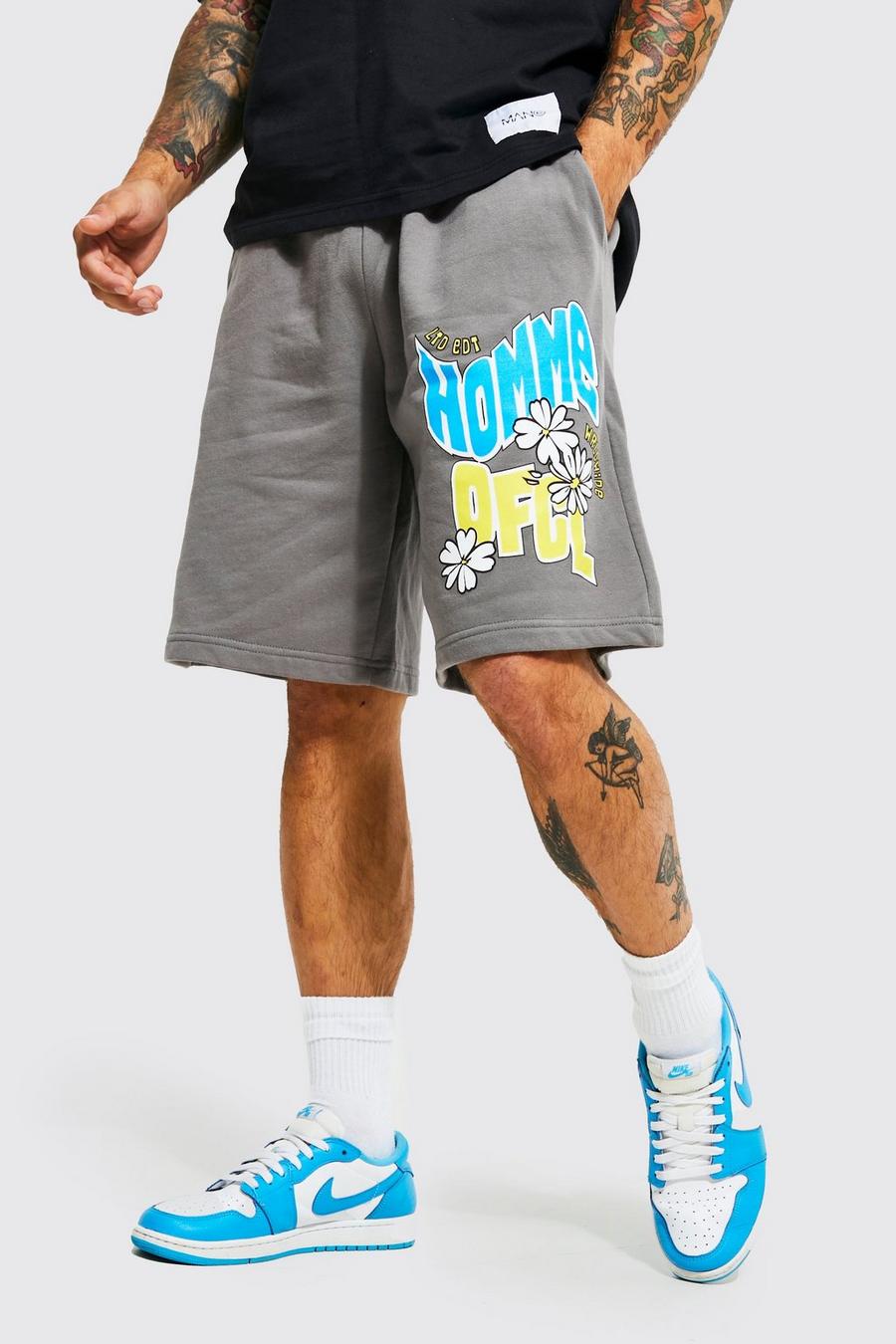 Pantalón corto oversize de tela jersey con estampado de flores Homme, Charcoal image number 1