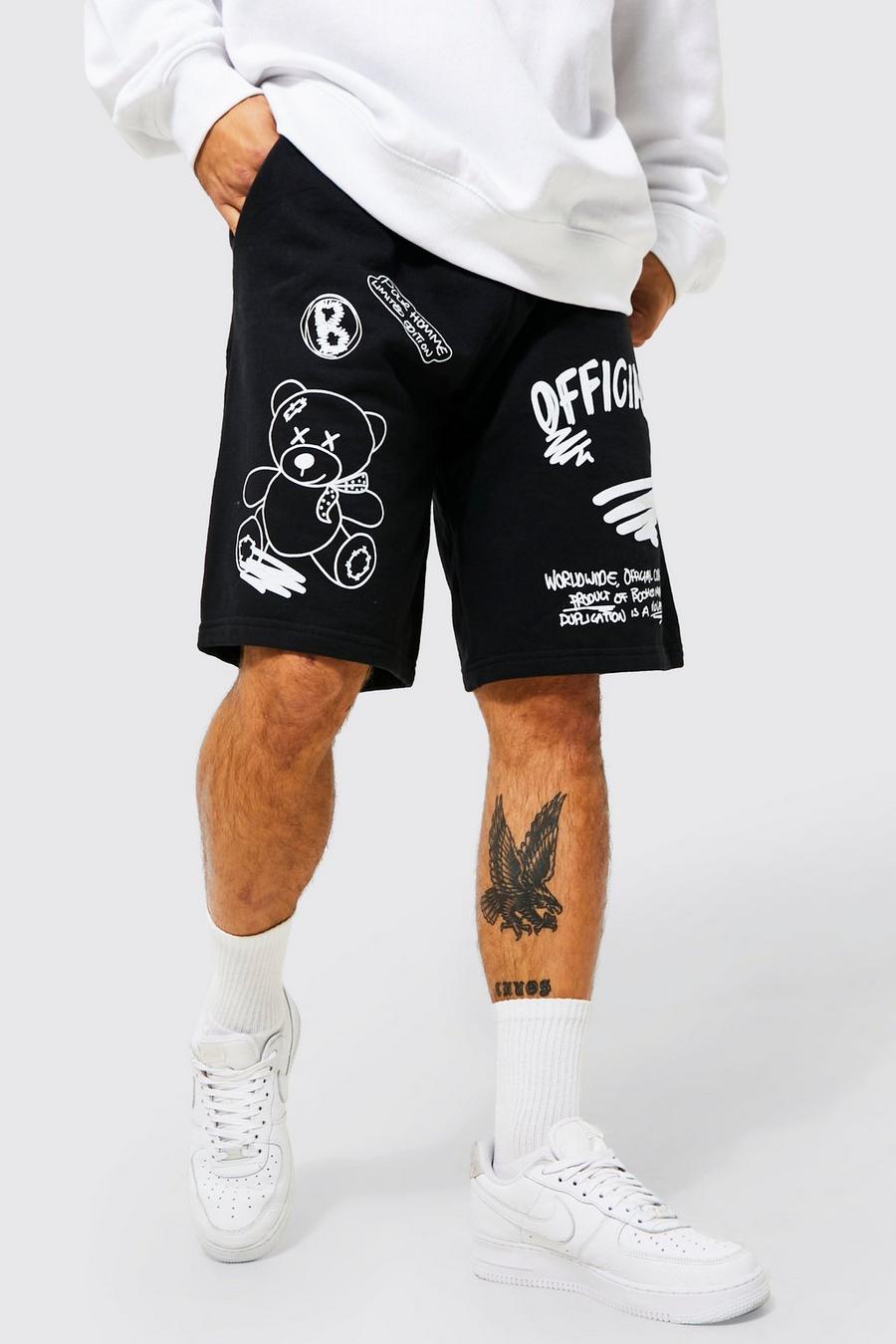 Black Oversized Jersey Shorts Met Print