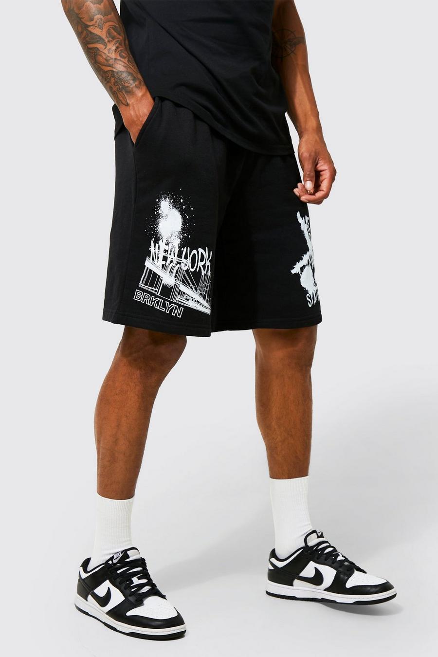 Black Oversized Graffiti Graphic Jersey Shorts image number 1
