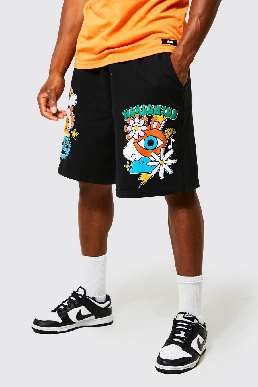 Black Oversized Trippy Puff Print Jersey Shorts image number 1