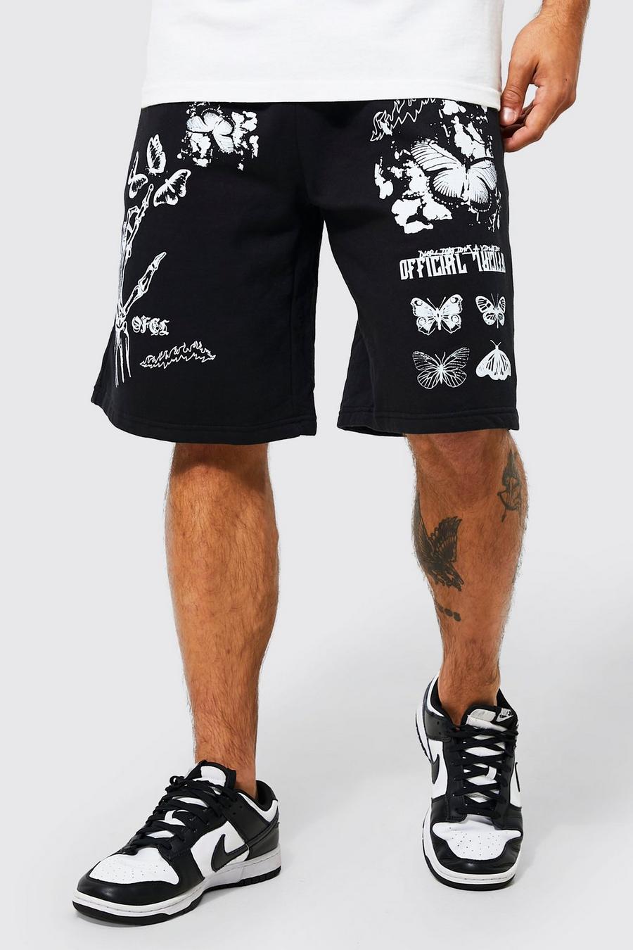 Black Oversized Multi Graphic Jersey Shorts image number 1