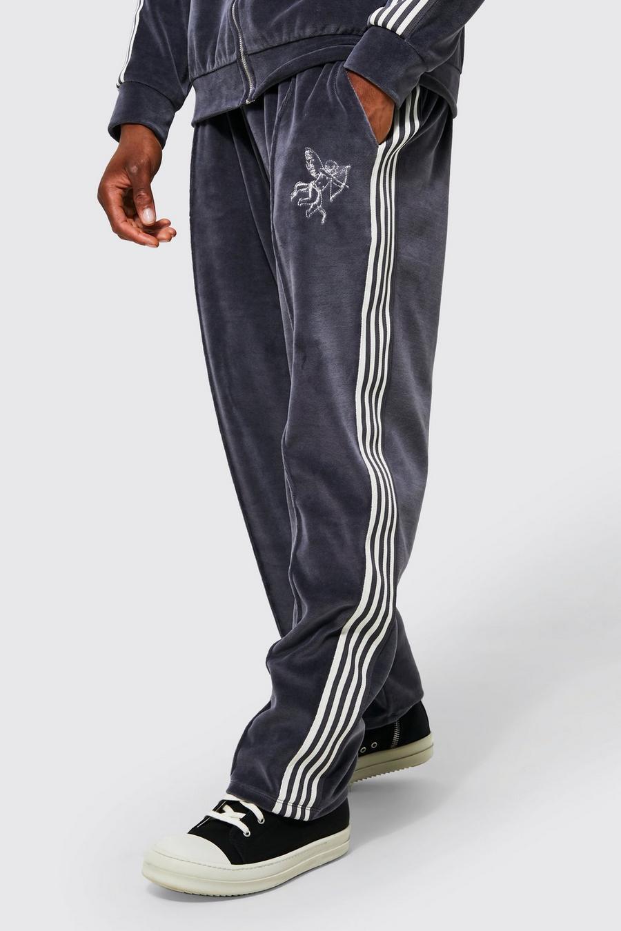 Pantalón deportivo de pernera ancha y terciopelo con alforza, Dark grey