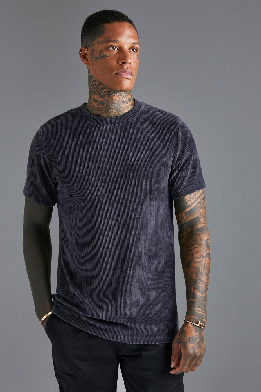T-shirt Slim Fit in velours a coste, Dark grey grigio
