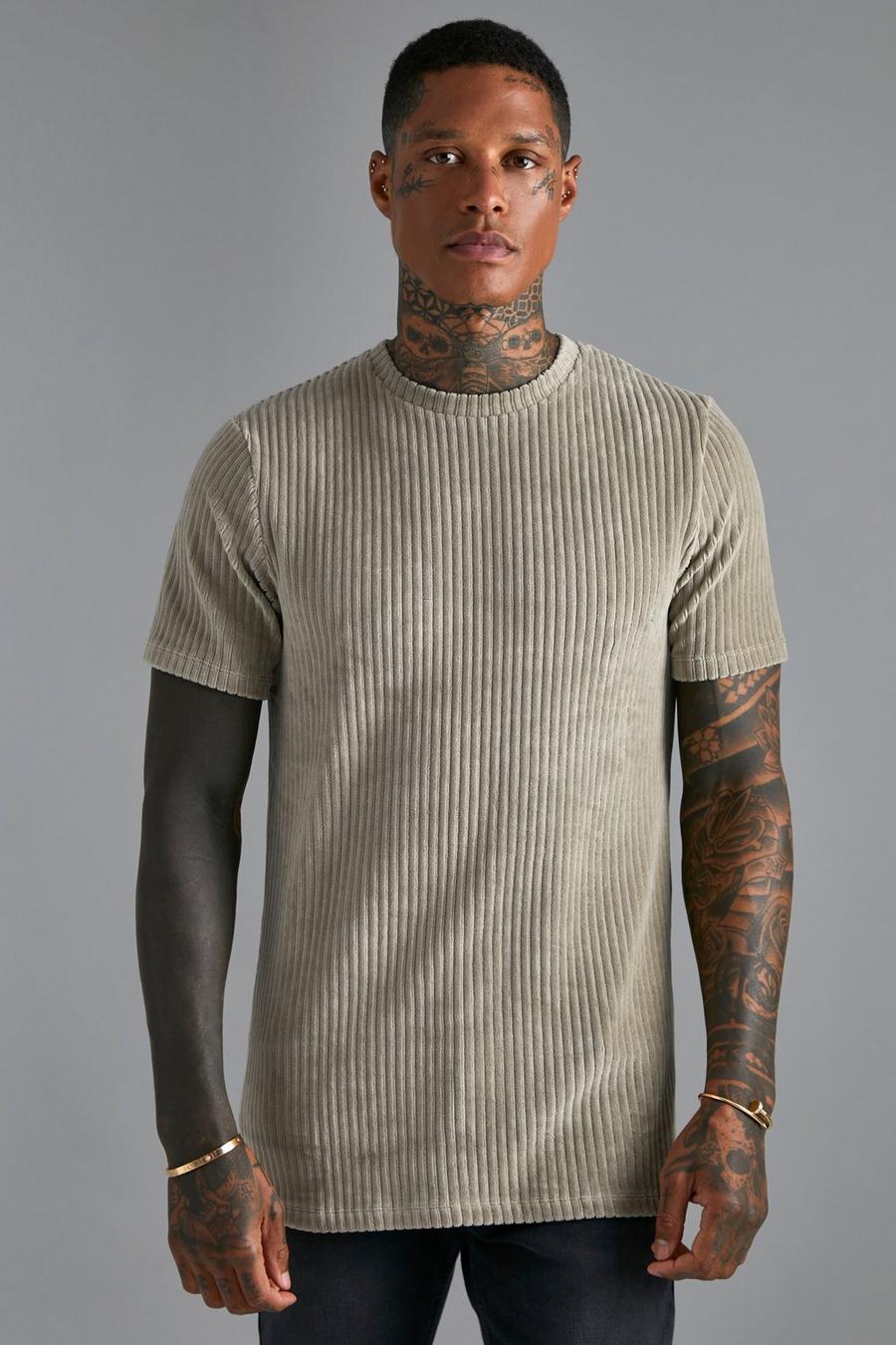 Stone beige Slim Fit Ribbed Velour T-shirt image number 1