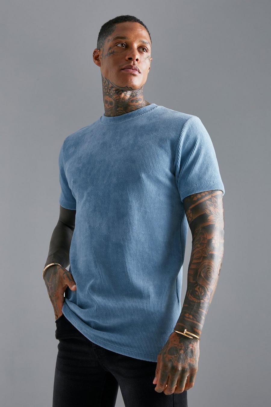 Blue Slim Fit Ribbed Velour T-shirt image number 1
