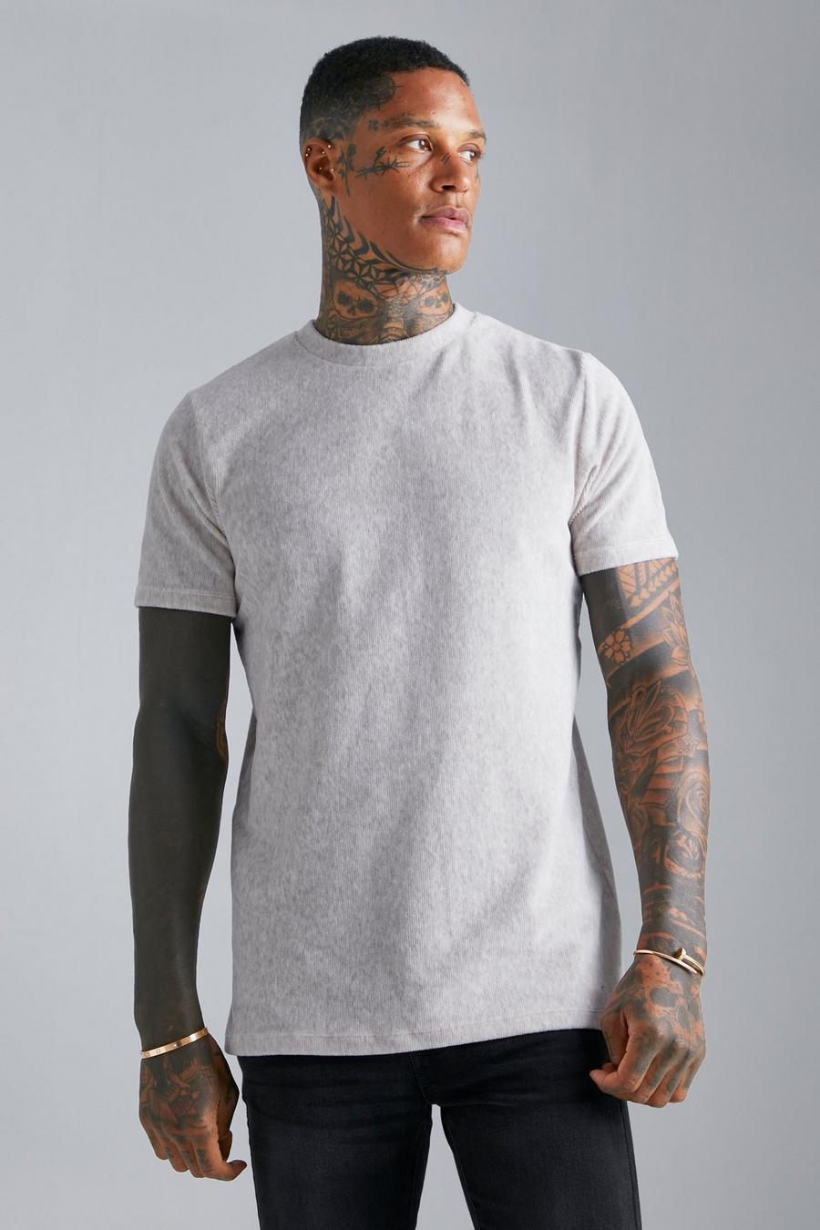 Sand beis Slim Fit Ribbed Velour T-shirt