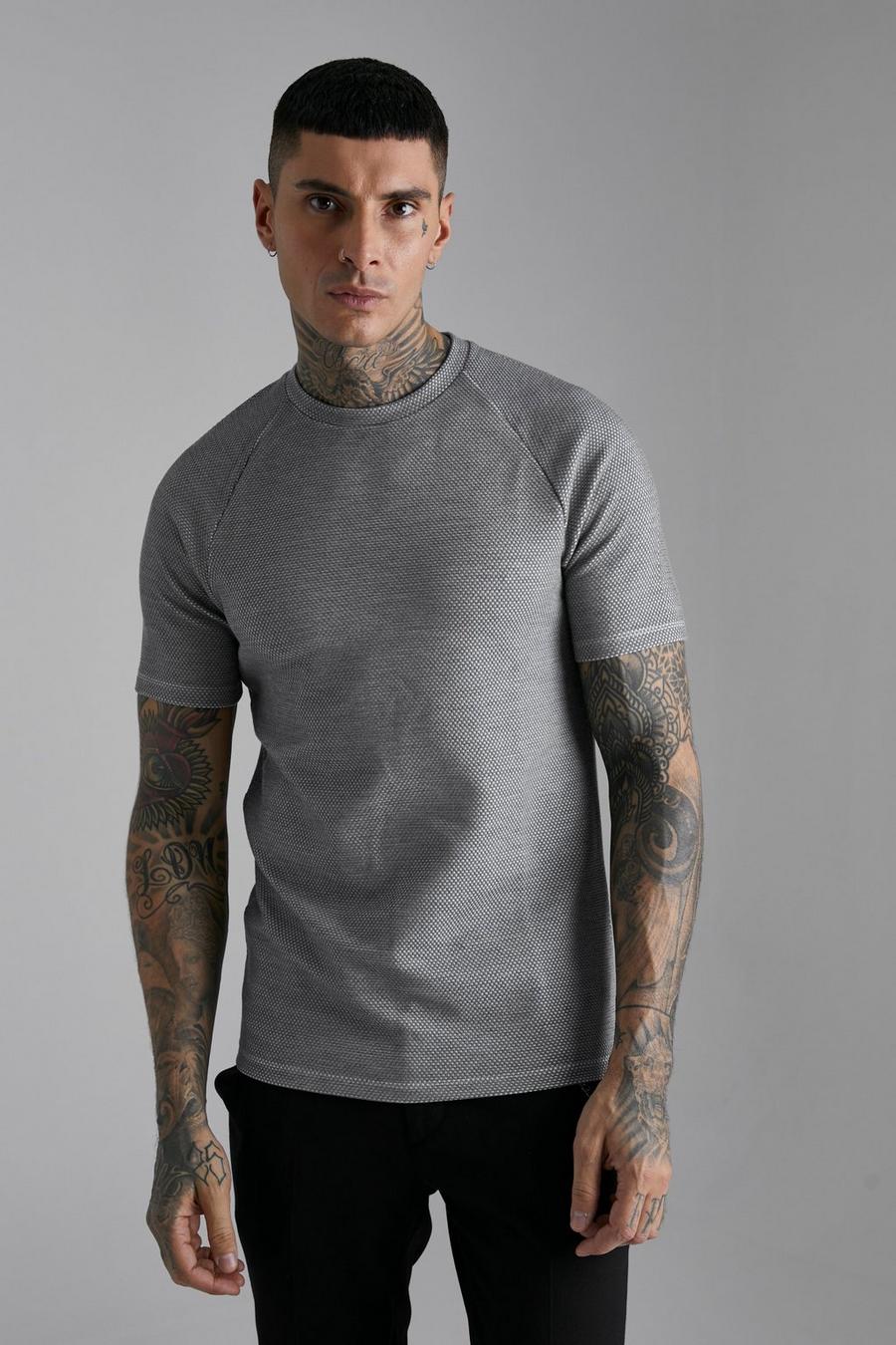 Grey Slim Fit Raglan Jacquard T-shirt