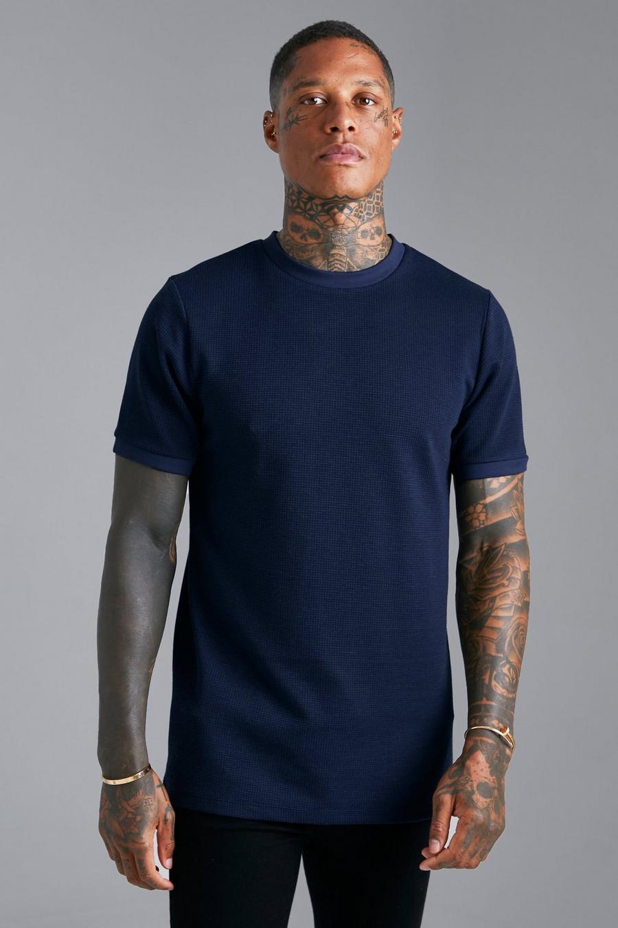 Navy Slim Fit Jacquard T-shirt image number 1