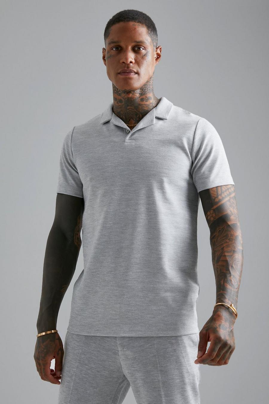 Light grey Slim Fit Revere Button Jacquard Polo image number 1