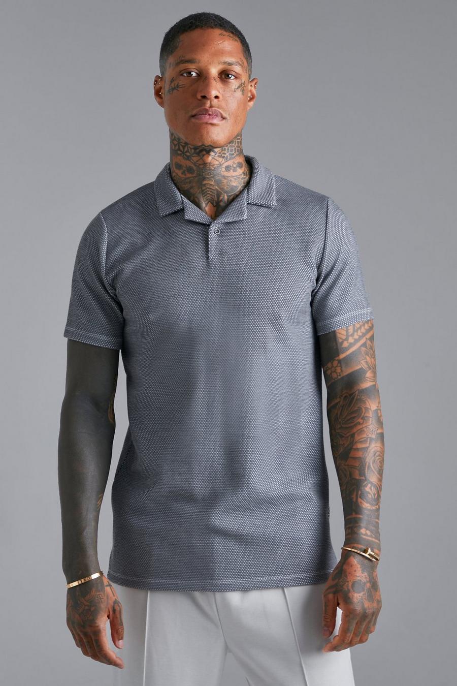 Grey Slim Fit Revere Button Jacquard Polo image number 1