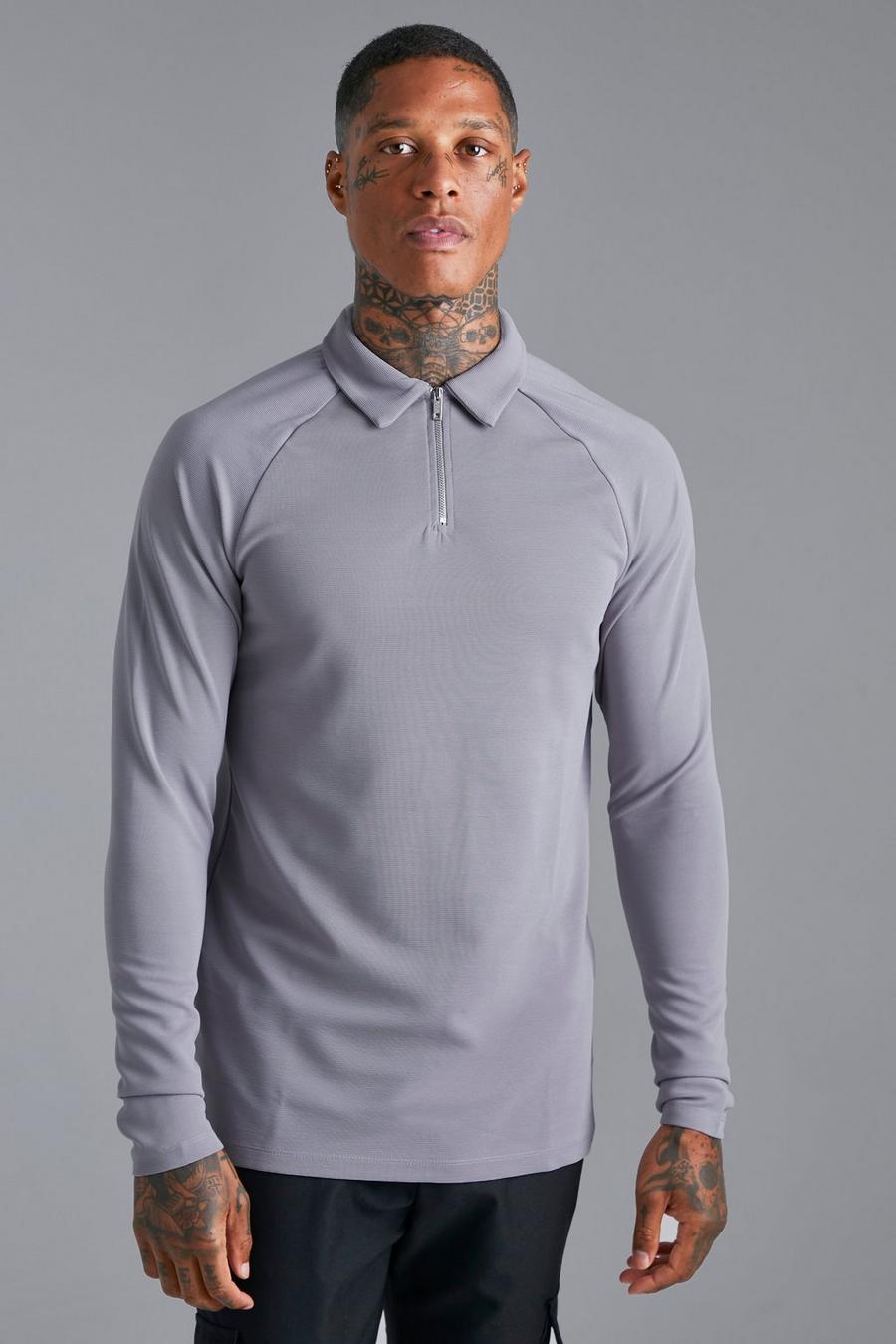 Grey Slim Fit Raglan Zip Long Sleeve Jacquard Polo