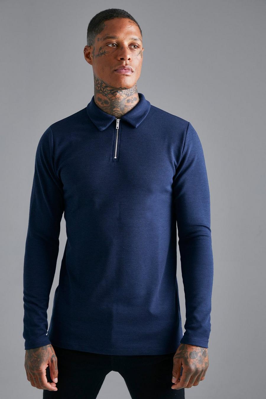 Navy Slim Fit Zip Neck Long Sleeve Jacquard Polo image number 1
