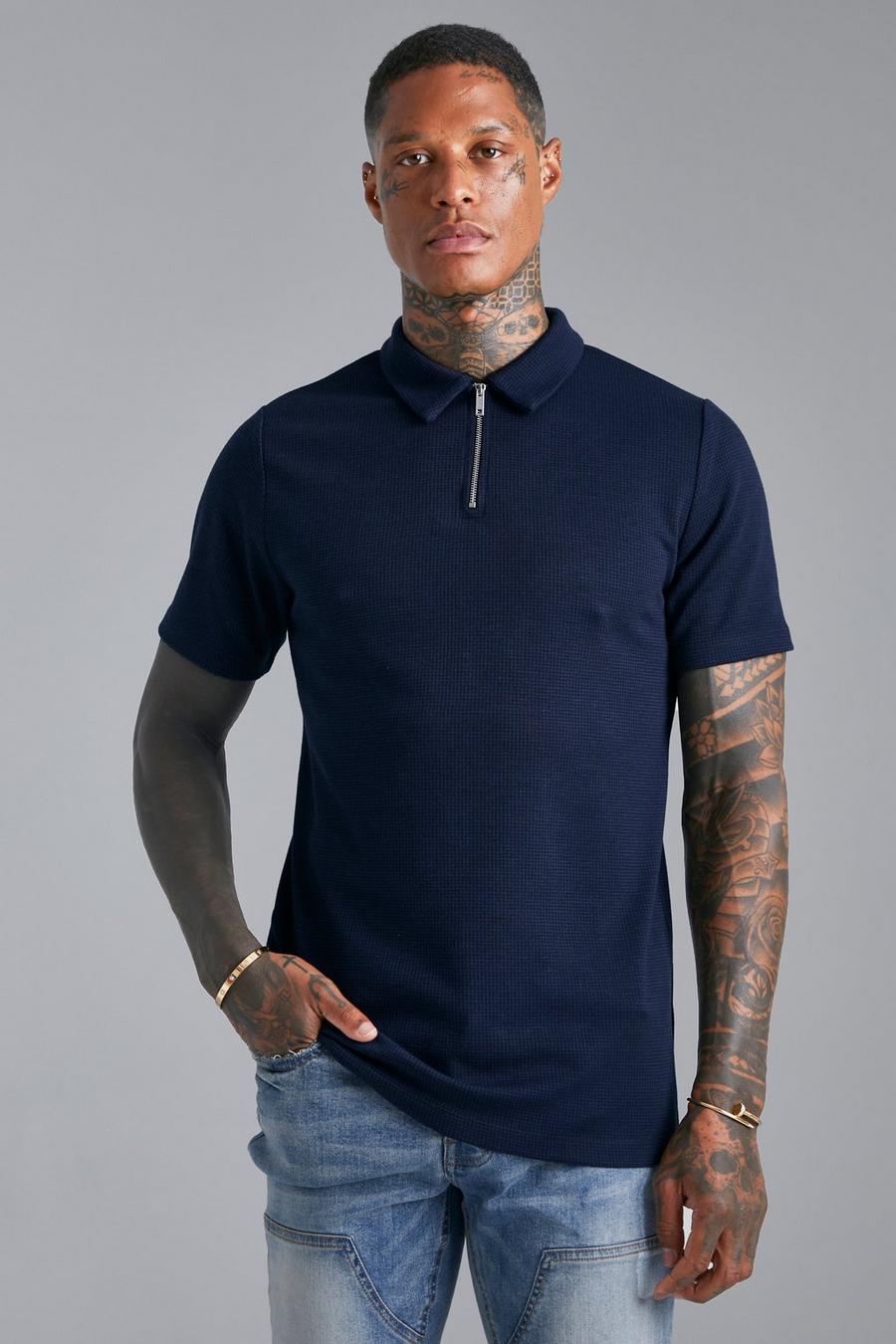 Navy Slim Fit Zip Neck Jacquard Polo image number 1