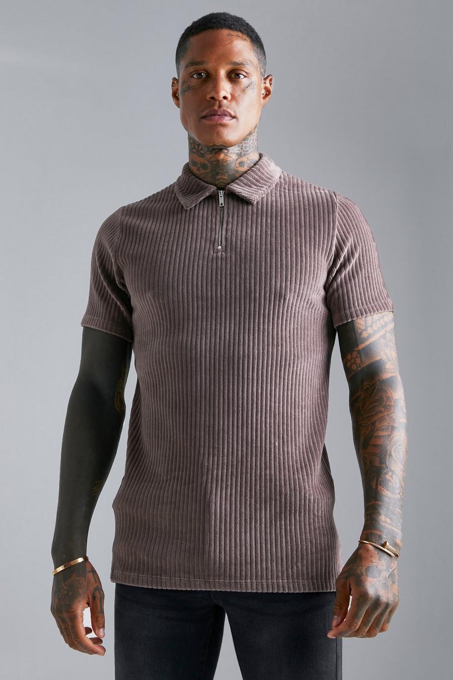 Coffee marrón Slim Fit Zip Neck Ribbed Velour Polo