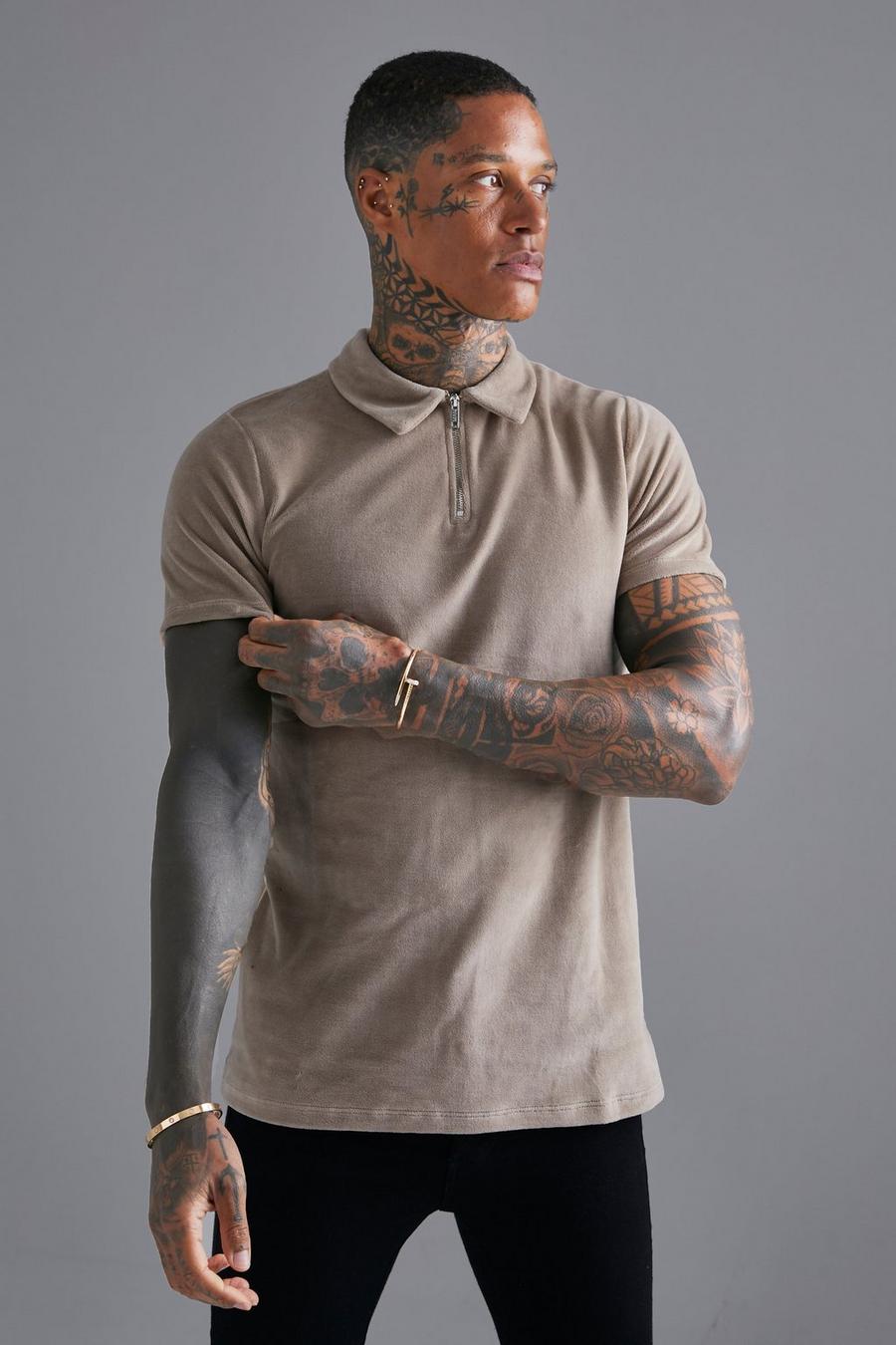 Taupe Slim Fit Zip Neck Velour Polo image number 1