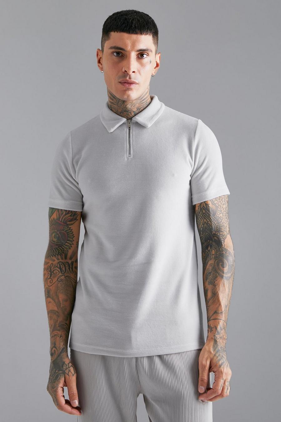 Light grey Velours Slim Fit Polo Met Hals Rits image number 1
