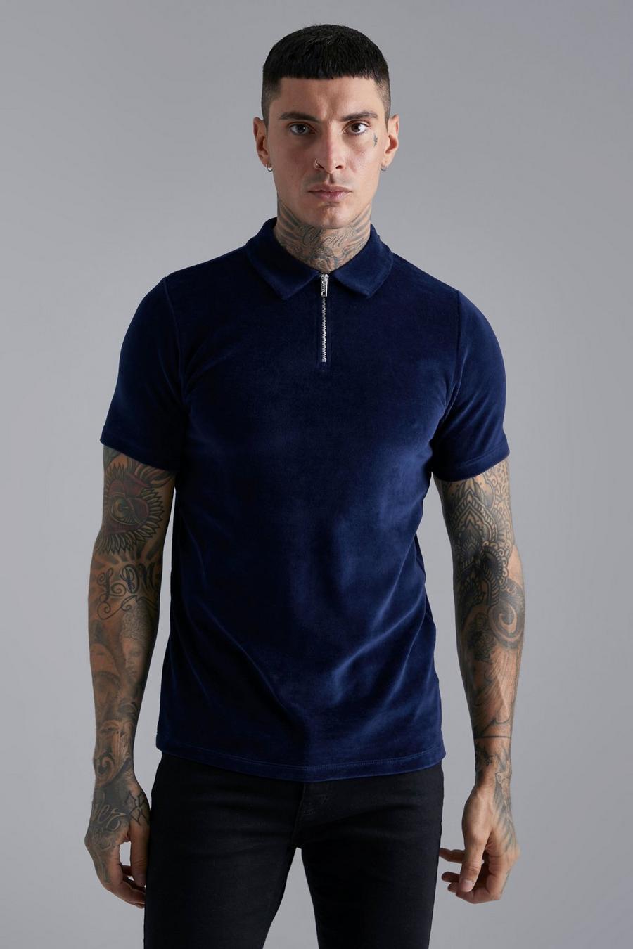 Navy Slim Fit Zip Neck Velour Polo image number 1