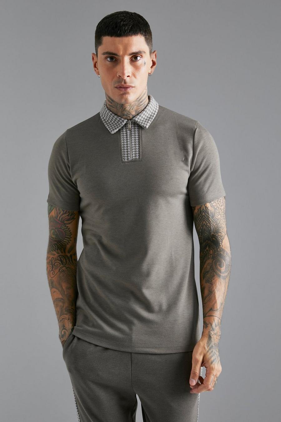 Stone Slim Fit Jacquard Collar Zip Neck Polo image number 1