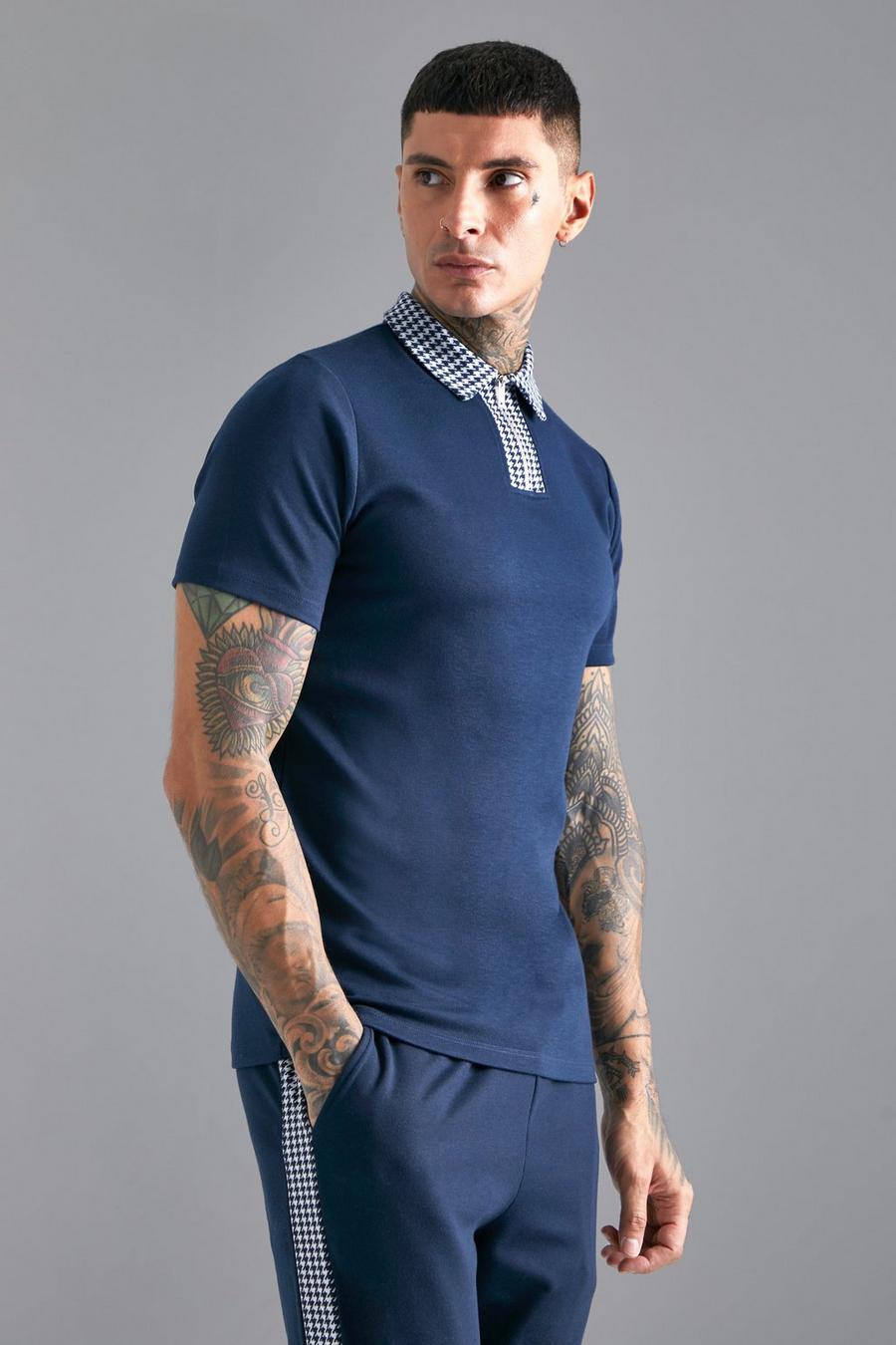 Navy Slim Fit Jacquard Collar Zip Neck Polo image number 1