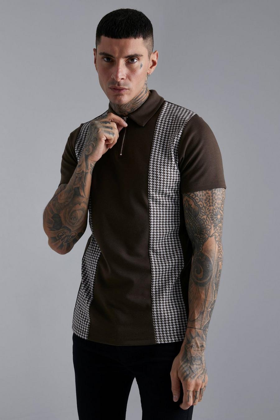 Coffee Slim Fit Jacquard Panel Zip Neck Polo image number 1
