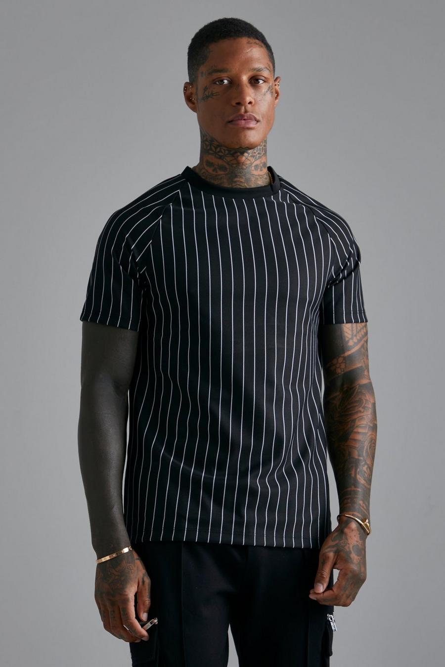 Black Slim Fit Raglan Stripe Jacquard T-shirt image number 1