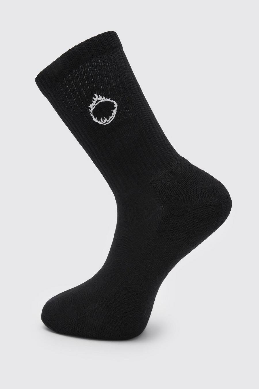 Black 1 Pack Embroidered Flame Circle Sock image number 1
