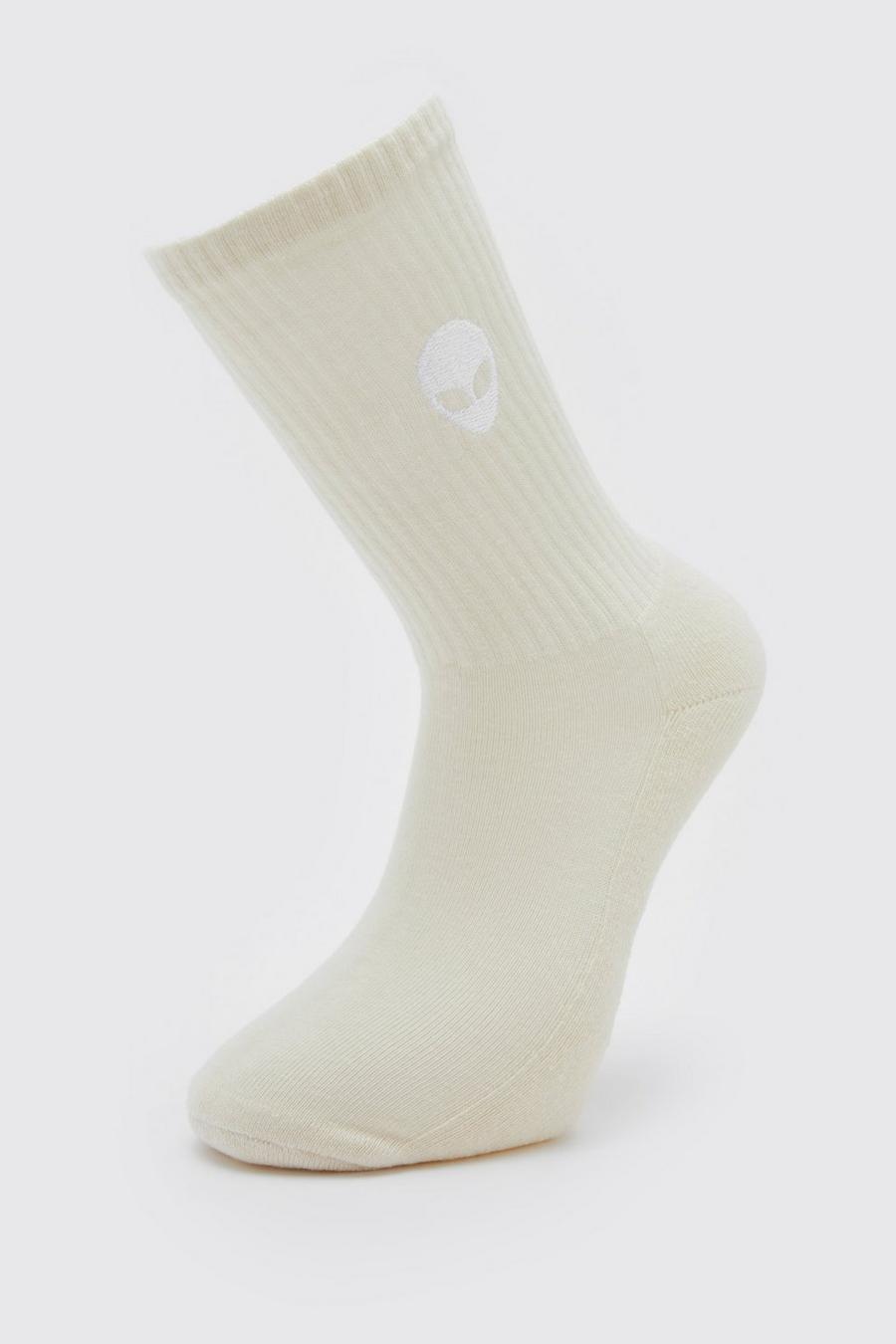 Ecru white 1 Pack Embroidered Alien Sock