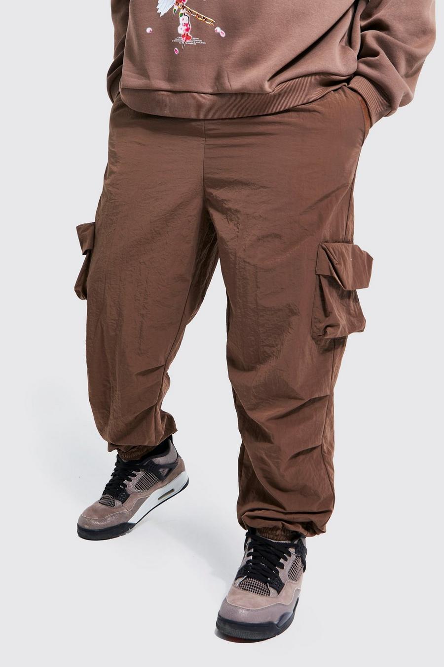 קפה marrón מכנסי ניילון דגמ'ח רפויים עם קמטים, מידות גדולות