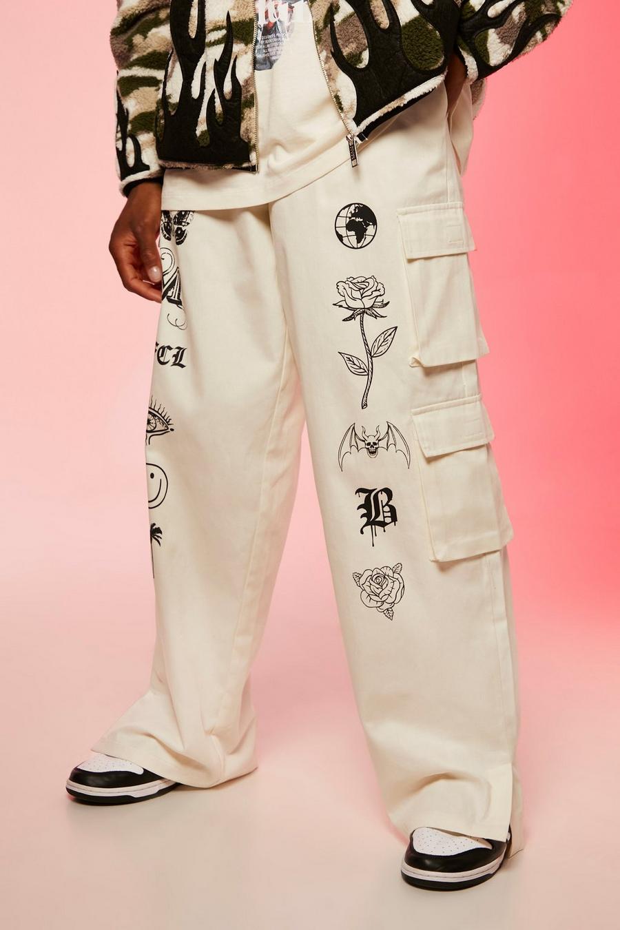 Pantalón chino holgado con abertura en el bajo y estampado de tarot, Ecru blanco image number 1