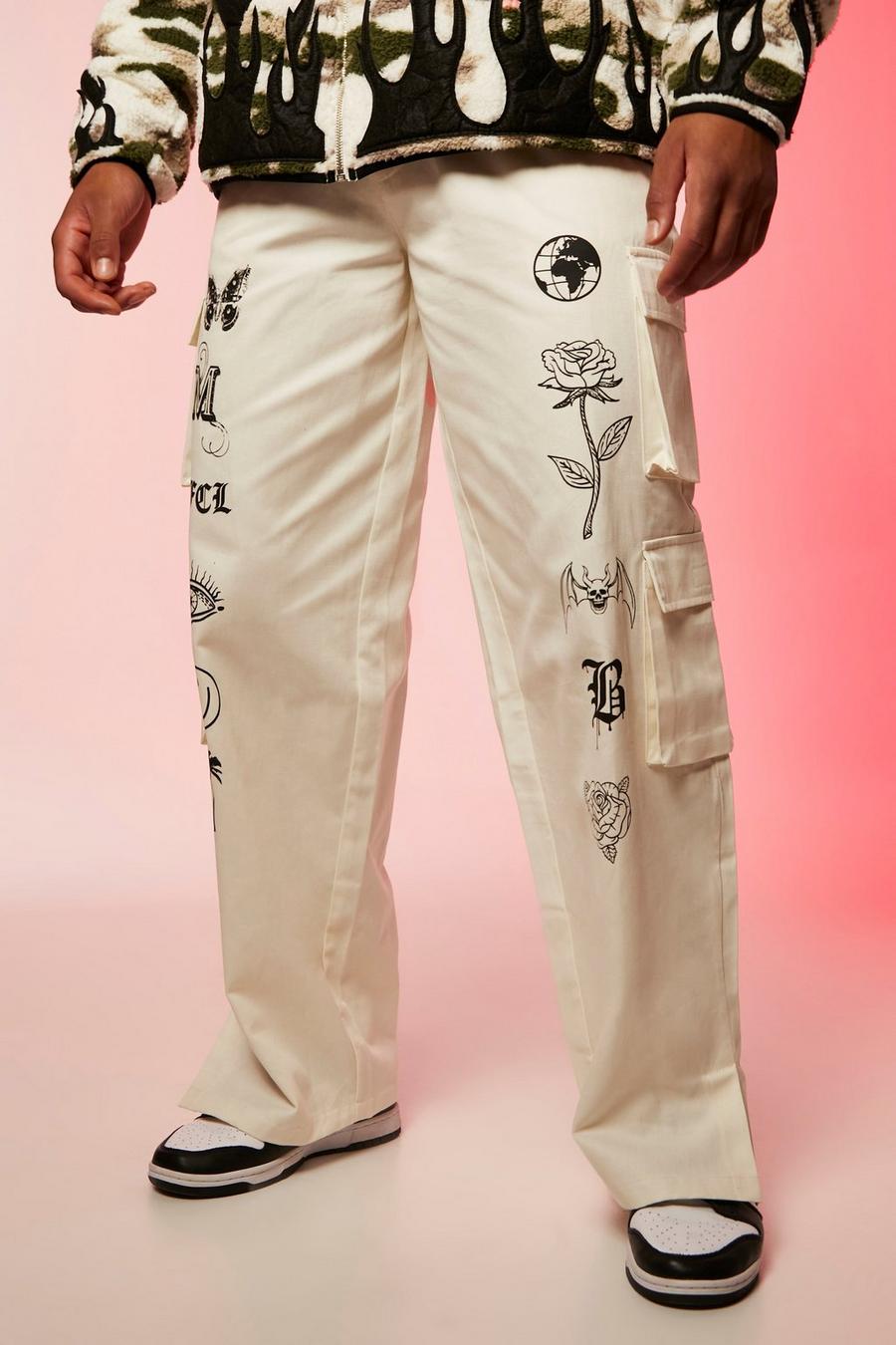Pantaloni Cargo Tall extra comodi con stampa di tarocchi e spacco sul fondo, Ecru blanco