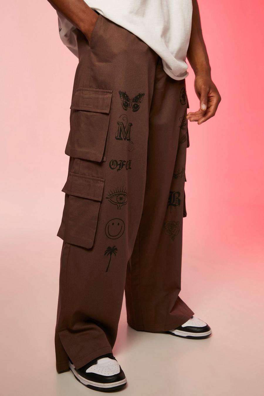 Pantalón chino holgado con abertura en el bajo y estampado de tarot, Coffee marrón image number 1