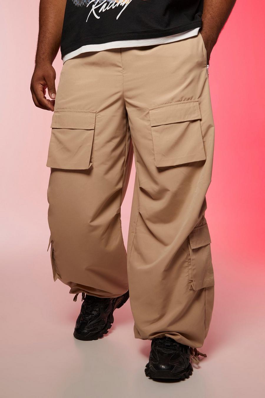 אפור חום beige מכנסי קרגו עם כיסים מרובים והדפס Ofcl, מידות גדולות