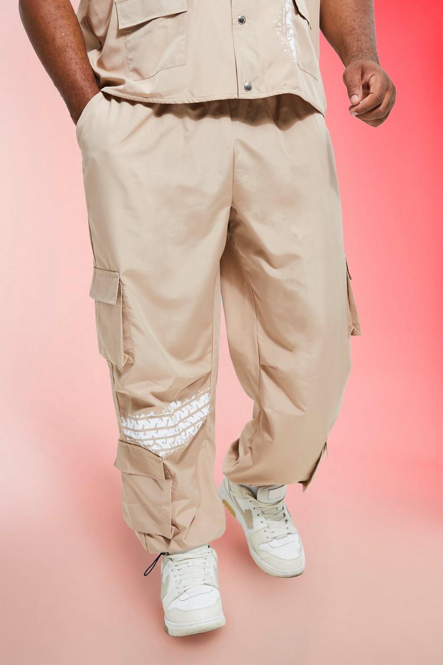 אפור חום beige מכנסי דגמ'ח ריפסטופ עם כיסים מרובים, מידות גדולות