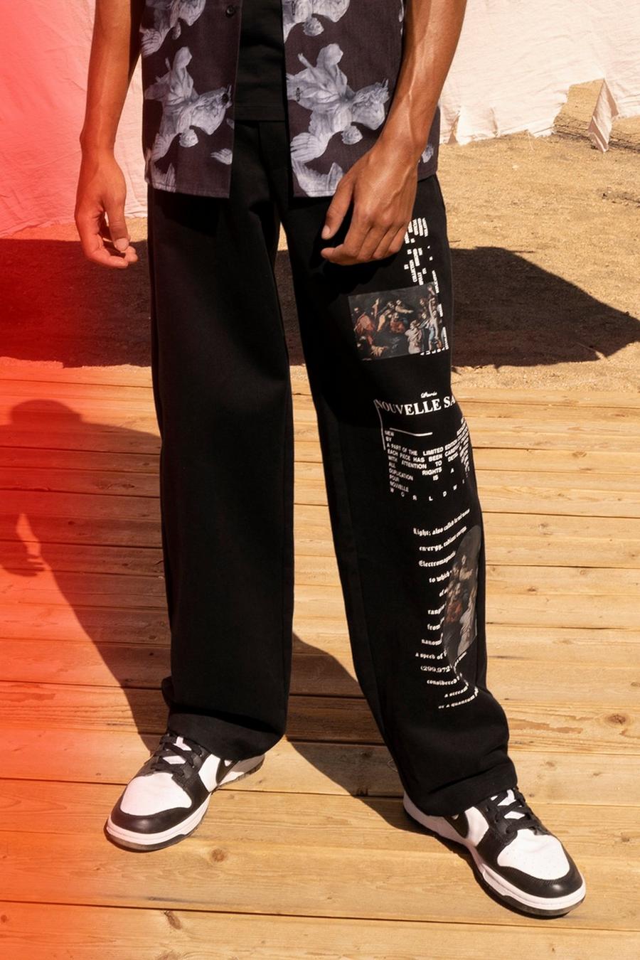 Pantalón chino de sarga holgado con estampado renacentista, Black image number 1