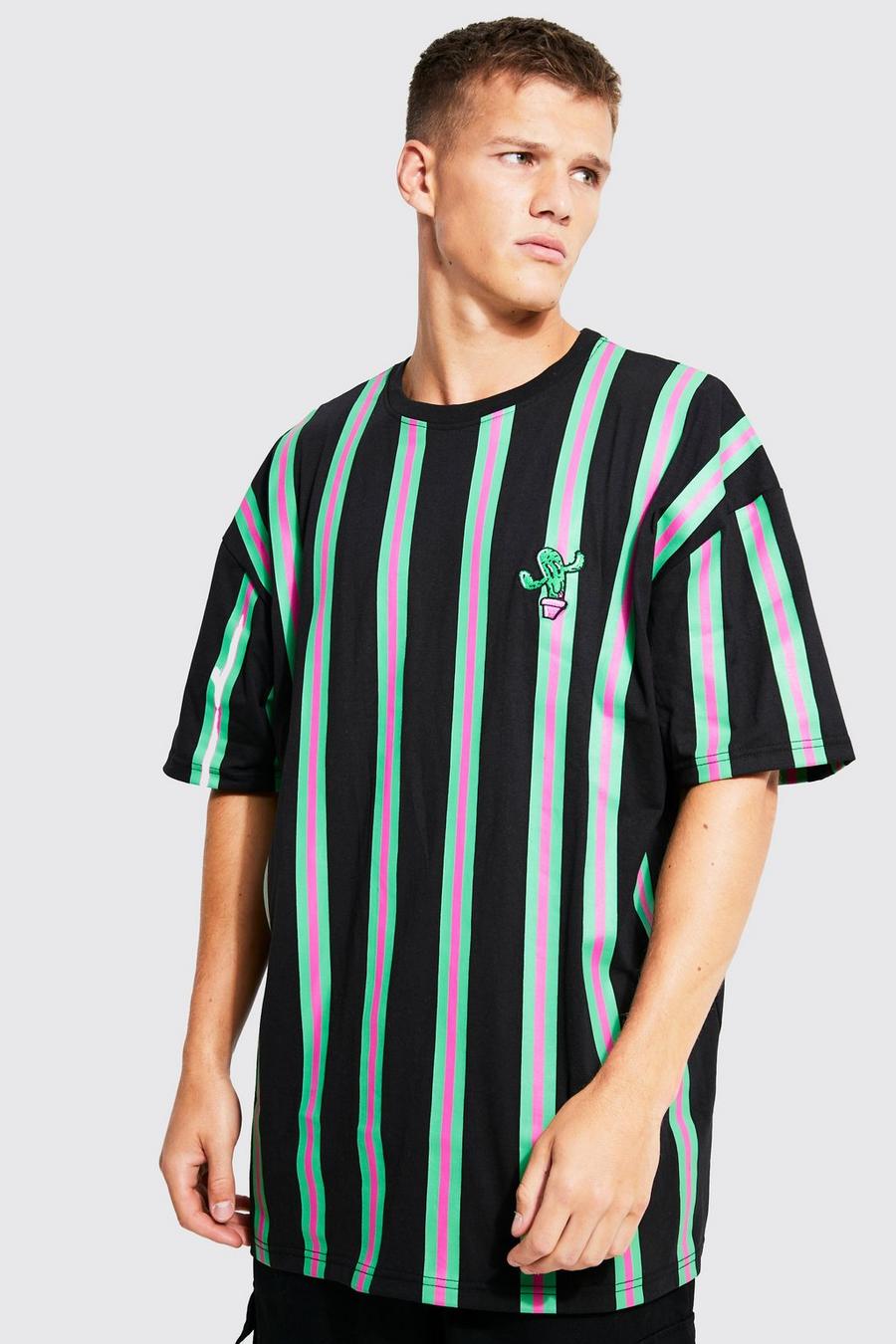 Black Tall Oversized Embroidered Stripe T-shirt image number 1