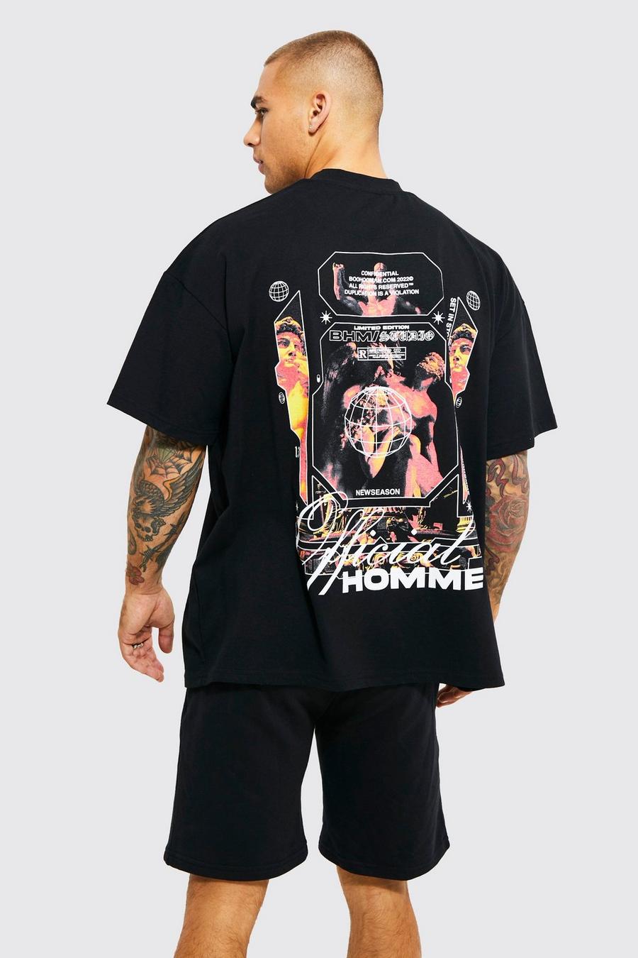 T-shirt oversize con grafica e girocollo esteso, Black nero