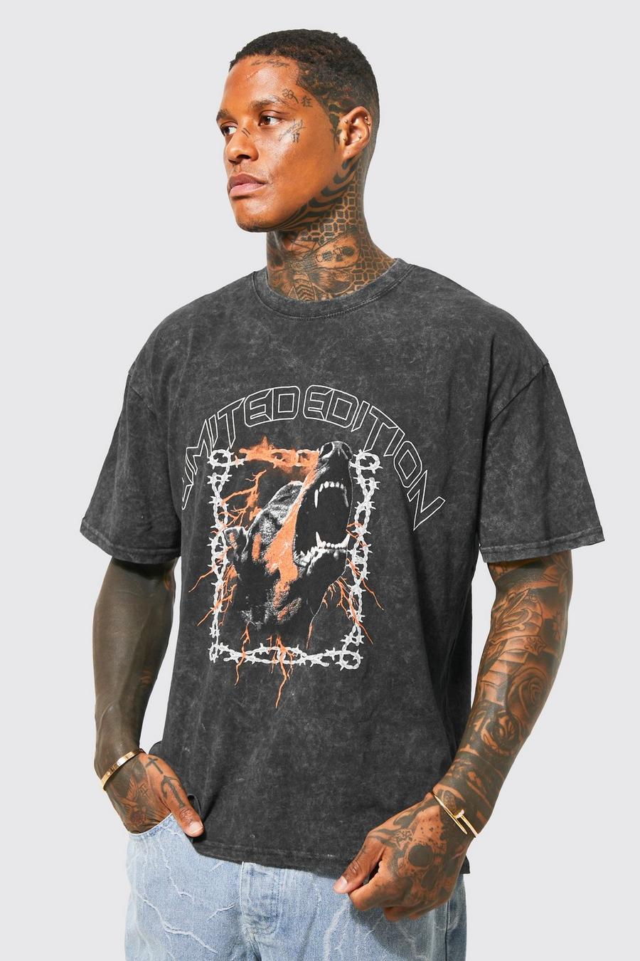 T-shirt oversize in lavaggio acido con grafica di cane, Charcoal grigio