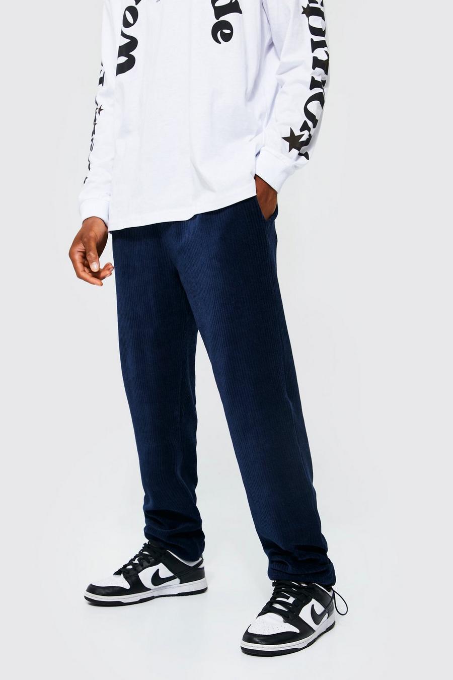 Pantalón deportivo Regular de velvetón y canalé con cordón elástico en la botamanga, Navy image number 1