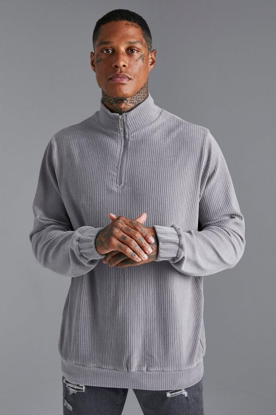 Grey grau Ribbed Velour Funnel Neck Sweatshirt