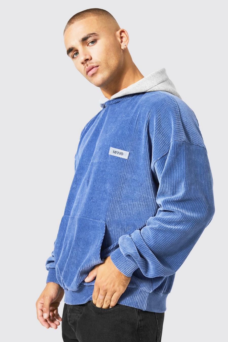 Blue Oversized Ribbed Velour Hoodie With Badge image number 1